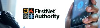 FirstNet Authority logo, law enforcement office holds up a phone showing push to talk