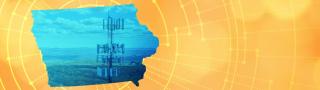 The silhouette of the State of Iowa revealing a cell tower inside; radiating connectivity illustration