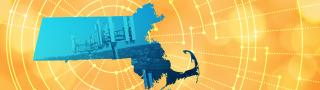 The silhouette of the State of Massachusetts revealing a cell tower inside; radiating connectivity illustration