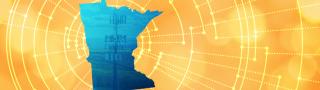 Silhouette of the State of Minnesota; radiating connectivity illustration