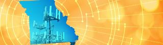 The silhouette of the State of Missouri revealing a cell tower inside; radiating connectivity illustration