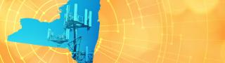 The silhouette of the State of New York revealing a cell tower inside; radiating connectivity illustration