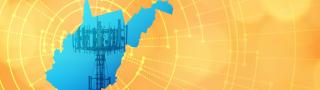 The silhouette of the State of West Virginia revealing a cell tower inside; radiating connectivity illustration