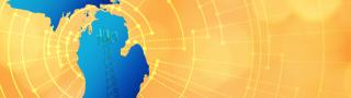  The silhouette of the State of Michigan revealing a cell tower inside; radiating connectivity illustration