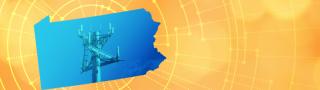 The silhouette of the State of Pennsylvania revealing a cell tower inside; radiating connectivity illustration