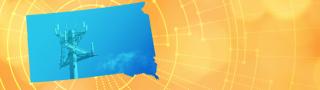 The silhouette of the State of South Dakota revealing a cell tower inside; radiating connectivity illustration