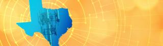 The silhouette of the State of Texas revealing a cell tower inside; radiating connectivity illustration