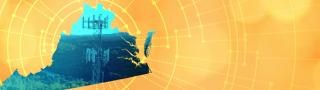 The silhouette of the State of Virginia revealing a cell tower inside; radiating connectivity illustration