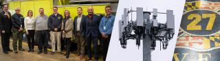 Federal and Washington County, Maryland officials, local public safety personnel, business leaders, and representatives from AT&T standing in front of a yellow fire truck; the top of a FirstNet cell tower; Partial seal of the Long Meadow Volunteer Fire Department 