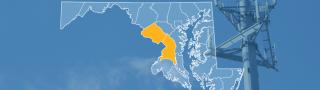 The state of Maryland, with outlined county borders; a cell tower.