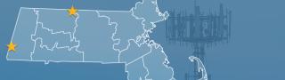 State of Massachusetts with counties outlined; a star locating Warwick and South Egremont, a cell tower
