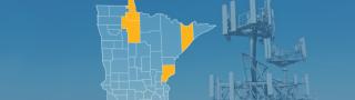 The state of Minnesota, with outlined county borders; a cell tower.