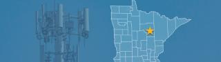 State of Minnesota with counties outlined; a star near Grand Rapids, Minnesota; a cell tower 