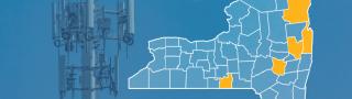 State of New York with counties outlined; Saratoga, Tioga, Clinton, Essex, Schoharie and Washington Counties highlighted, a cell tower