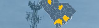 The state of South Carolina, with outlined county borders; a cell tower