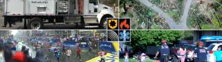 The FirstNet Authority logo with four images: a Satellite Cell on Light Truck, tree damage after a storm, runners crossing the finish line at the Boston Marathon, and two police officers on duty riding bicycles
