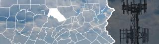 Map of Pennsylvania counties with Clinton County highlighted over image of broadband tower and clouds.