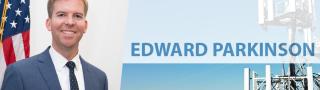 Headshot of Edward Parkinson; a cell tower