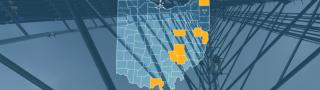 The state of Ohio, with outlined county borders; a cell tower.