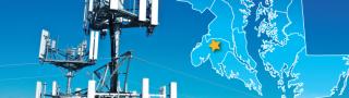 The state of Maryland, with outlined county borders; a cell tower