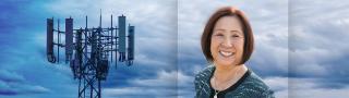  A cell tower against the backdrop of clouds with a headshot of a woman, Teri Takai. 