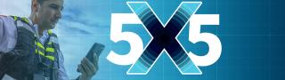5x5 logo, a fire chief wearing a life vest on a boat looks down at a FirstNet enabled smartphone