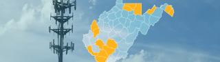The state of West Virginia, with outlined county borders; a cell tower.