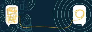 Speech bubble with jumbled lines sits in front of line drawings of wifi, high power user equipment, a compact rapid deployable, a cell booster pro, and a satellite cell on light truck. The jumbled lines lead to a second speech bubble where the line is nicely coiled.