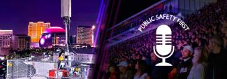 photo left-Las Vegas skyline Nigh time,  photo right- FI crowd in stands , FN Podcast logo