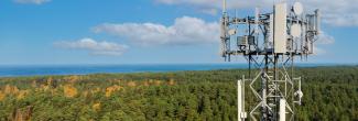 A cell tower overlooks a rural forest and onto a large lake.