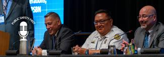Public Safety First podcast icon; three tribal public safety leaders sit at table with microphones