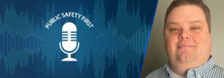 Public Safety First podcast logo; soundwaves; headshot of Trevin Hunter of Louisville Metro Emergency Services in Kentucky   