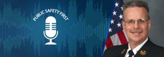 Public Safety First podcast logo; soundwaves; headshot of Chesterfield County Fire & EMS Chief Loy Senter