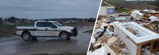 Douglas County Sheriff’s Office truck parked on the road surrounded by tornado debris. A bathtub in the rubble of a home after a tornado