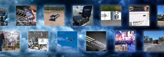 A sky backdrop overlaid with connected lines and images depicting FirstNet deployable assets, including a flying Cell on Wheels, a FirstNet device cache, a compact rapid deployable hitched to an SUV, mini-compact rapid deployables, Satellite Cells on Light Trucks, a Cell on Wheels, a compact rapid deployable in a wooded area, a compact rapid deployable in Times Square, and a compact rapid deployable on an amphibious vehicle traveling across water.  