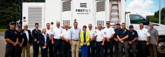 Congressman Richard Hudson, Assistant Secretary of Commerce for Communications and Technology Arielle Roth, and Elon, North Carolina first responders; FirstNet SatCOLT