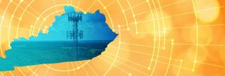 The silhouette of the State of Kentucky revealing a cell tower inside; radiating connectivity illustration