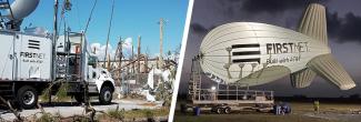 A SatCOLT providing broadband support in an area destroyed by Hurricane Matthew; FirstNet One blimp preparing for take-off after Hurricane Laura.