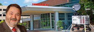 A hospital emergency entrance, headshot of Paul Bowling, Emergency Manager at University of Maryland Capital Region Health, a FirstNet compact rapid deployable  