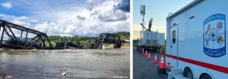 Collapsed bridge and train derailment in the Yellowstone river, “Shasta Steinweden”; FirstNet SatCOLT sits in front of a Stillwater County Disaster and Emergency Services command vehicle at the site of the train derailment. 