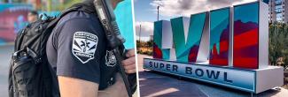 Left shows first responder with gear backpack and radio at the ready. Right shows the Super Bowl logo in front of blue skies