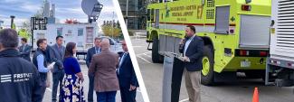 Governor Chris Sununu, public safety officials, and AT&T representatives in front of a FirstNet SatCOLT at Manchester-Boston Regional Airport; FirstNet Authority Senior Public Safety Advisor Bruce Fitzgerald speaking at a press event in front of a Manchester-Boston Regional Airport fire vehicle.