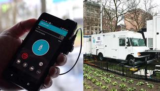 Two images: A hand holding an AT&T device displaying and app and an AT&T COW in Boston