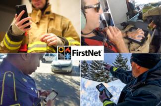 Four images: A firefighter in safety gear looks down at a smartphone, a firefighter riding in a helicopter speaks into a headset and looks at a tablet displaying information, a police officer looks down at a smart phone, an officer in the snow points with his right hand while holding a smart phone in his left 