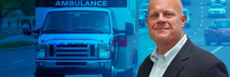 An ambulance driving down a busy highway; Jon Olson headshot