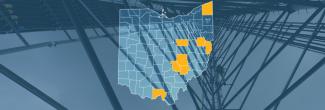 The state of Ohio, with outlined county borders; a cell tower.