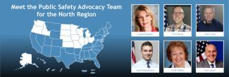 A map of the U.S. in blue with 16 states in the North region in white next to headshots of the six public safety advisors who represent those states. 