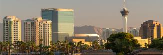 Las Vegas skyline at dusk.