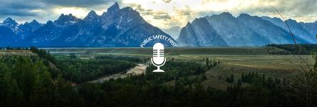 Mountain range with forest; Public Safety First podcast logo