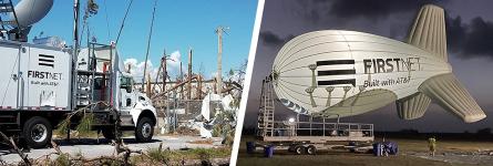 A SatCOLT providing broadband support in an area destroyed by Hurricane Matthew; FirstNet One blimp preparing for take-off after Hurricane Laura.